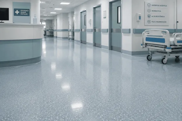 Revestimento de piso hospitalar monolítico e asséptico em corredor de hospital moderno, com superfície contínua de fácil higienização e alta segurança para ambientes de saúde.