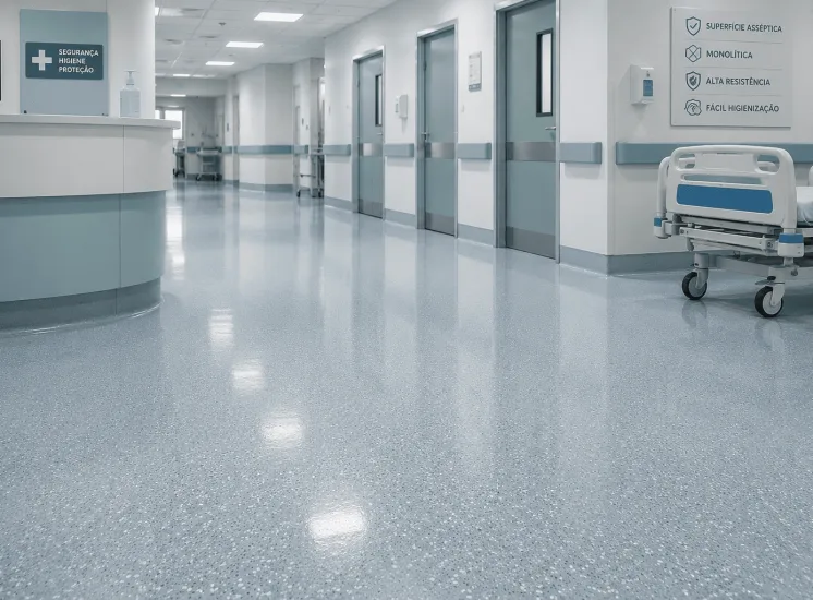 Revestimento de piso hospitalar monolítico e asséptico em corredor de hospital moderno, com superfície contínua de fácil higienização e alta segurança para ambientes de saúde.