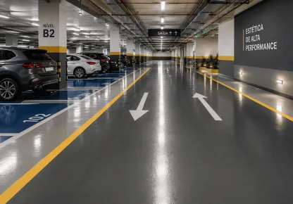 Estacionamento coberto com revestimento de piso brilhante de alta performance, resistente ao tráfego intenso e com acabamento estético moderno.