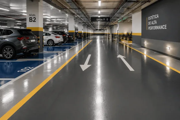 Estacionamento coberto com revestimento de piso brilhante de alta performance, resistente ao tráfego intenso e com acabamento estético moderno.