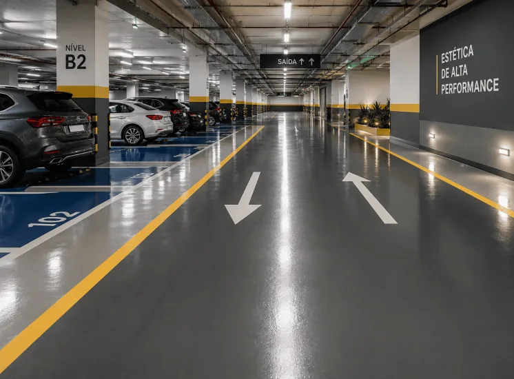 Estacionamento coberto com revestimento de piso brilhante de alta performance, resistente ao tráfego intenso e com acabamento estético moderno.