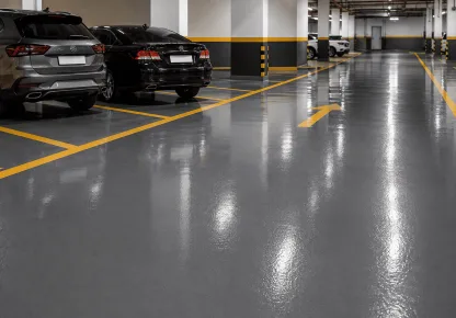 Garagem coberta com revestimento de piso de alta durabilidade, superfície lisa e brilhante resistente a manchas de óleo e de fácil limpeza.
