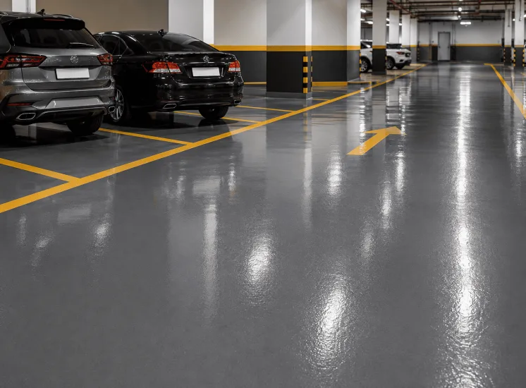 Garagem coberta com revestimento de piso de alta durabilidade, superfície lisa e brilhante resistente a manchas de óleo e de fácil limpeza.