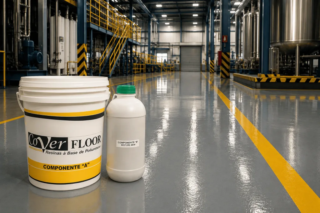 Revestimento para piso de indústria com alta resistência mecânica e proteção química em chão de fábrica.
