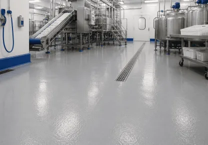 Revestimento para piso de indústria alimentícia em área de processamento com equipamentos em aço inox, superfície contínua, resistente e de fácil higienização.