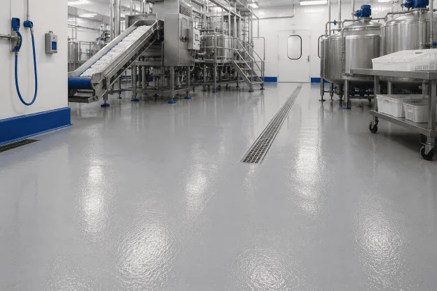 Revestimento para piso de indústria alimentícia em área de processamento com equipamentos em aço inox, superfície contínua, resistente e de fácil higienização.
