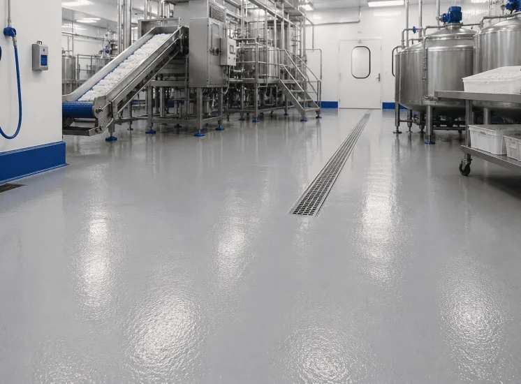 Revestimento para piso de indústria alimentícia em área de processamento com equipamentos em aço inox, superfície contínua, resistente e de fácil higienização.